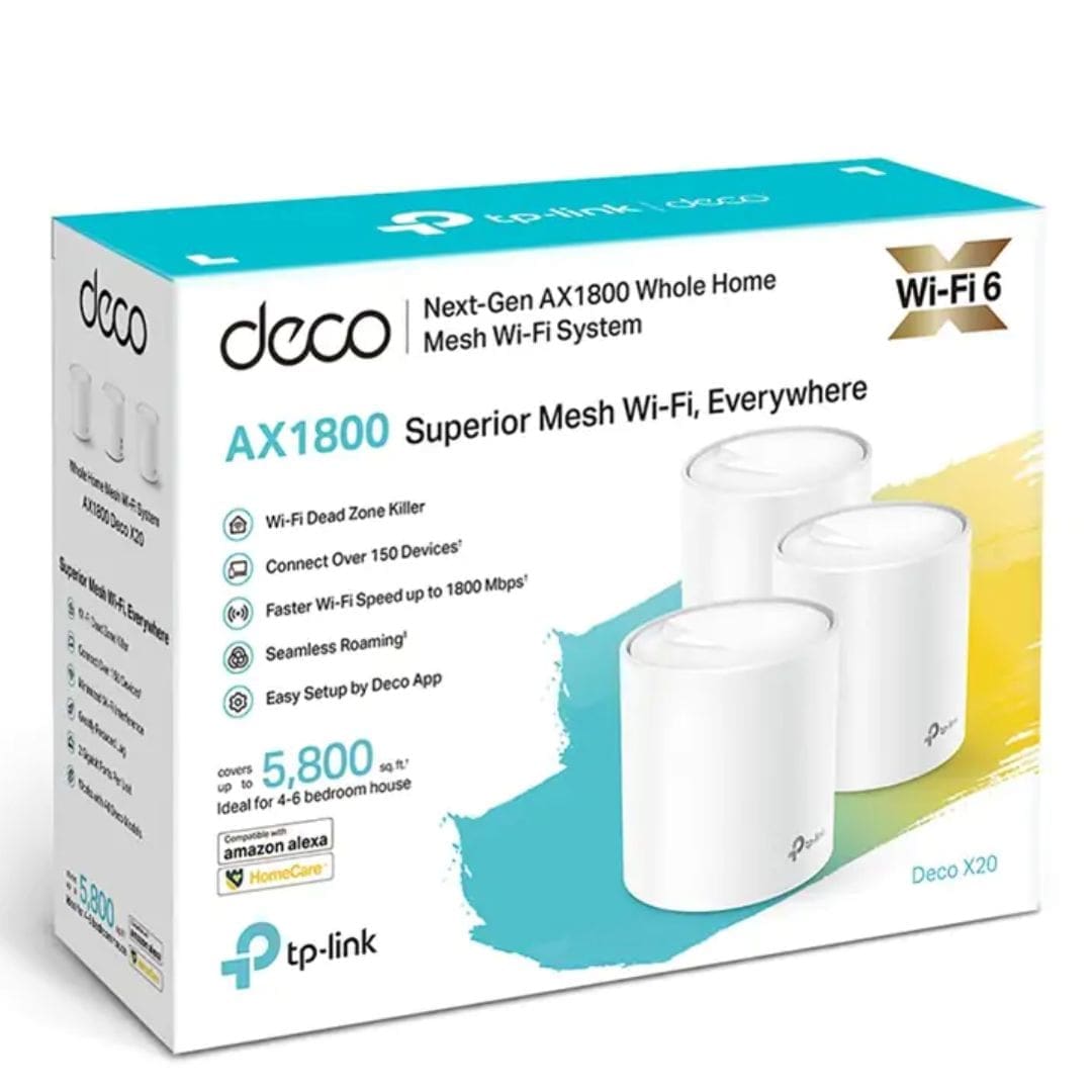 TP-Link Deco X20(3-pack) AX1800 Whole Home Mesh Wi-Fi System, Up To 530 sqm Coverage, WIFI6,1201Mbps @ 5Ghz, 574Mbps @ 2.4 GHz OFDMA, MU-MIMO (WIFI6)