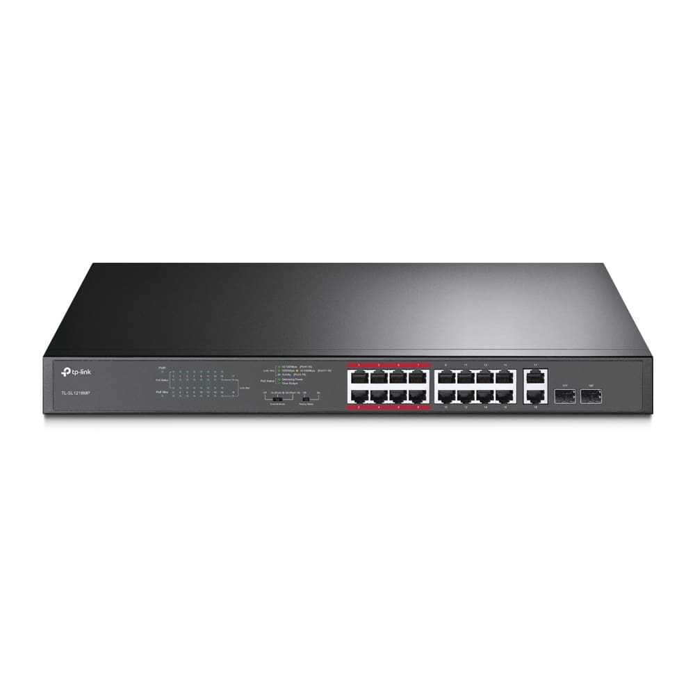(E)TP-Link TL-SL1218MP 16-Port 10/100Mbps PoE+ Switch, 16 10/100Mbps RJ45 Ports, 2 Gigabit RJ45 Ports, 2 Combo SFP Slots, 802.3at/af, 192W PoE Power,