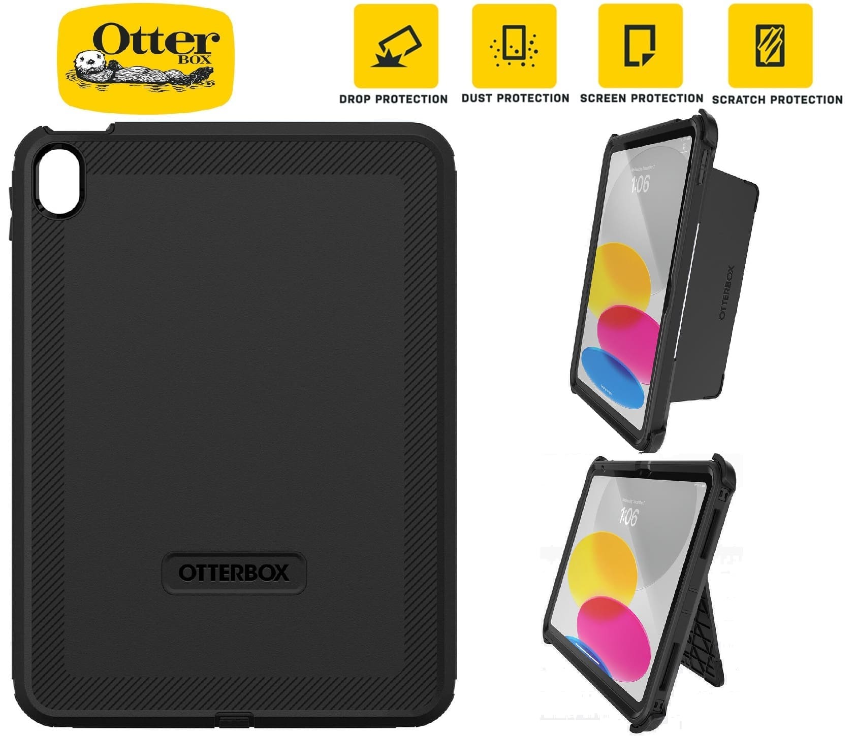 OtterBox Rugged Defender Apple iPad (11") (A16) (11th Gen) / iPad (10.9") (10th Gen) Kickstand Case Black - (77-89953), 7 Years Warranty