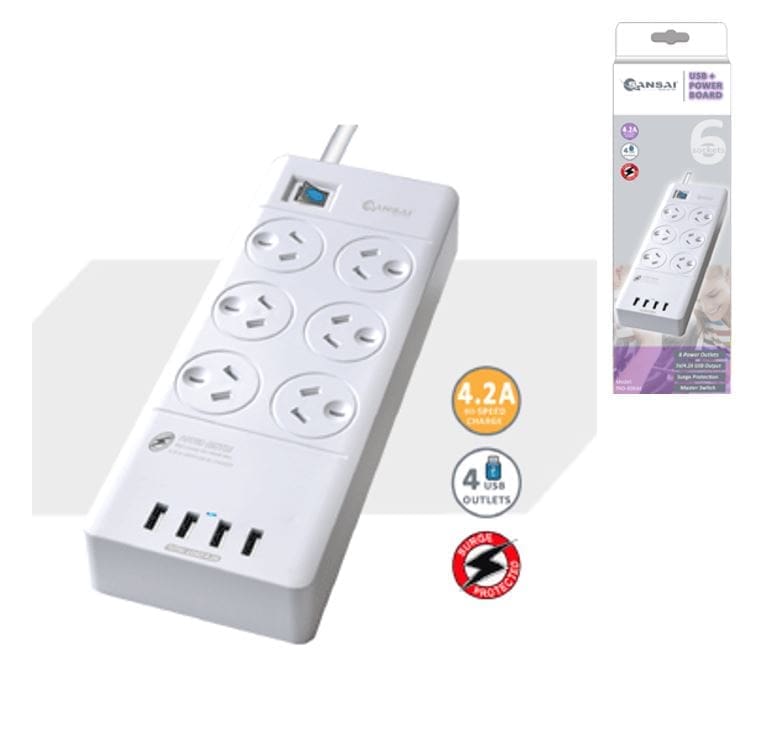 Sansai 6 Outlets 4 USB Outlets Surge Protected Powerboard Master On/Off switch Surge and overload protected 230-240VAC IV Retail box