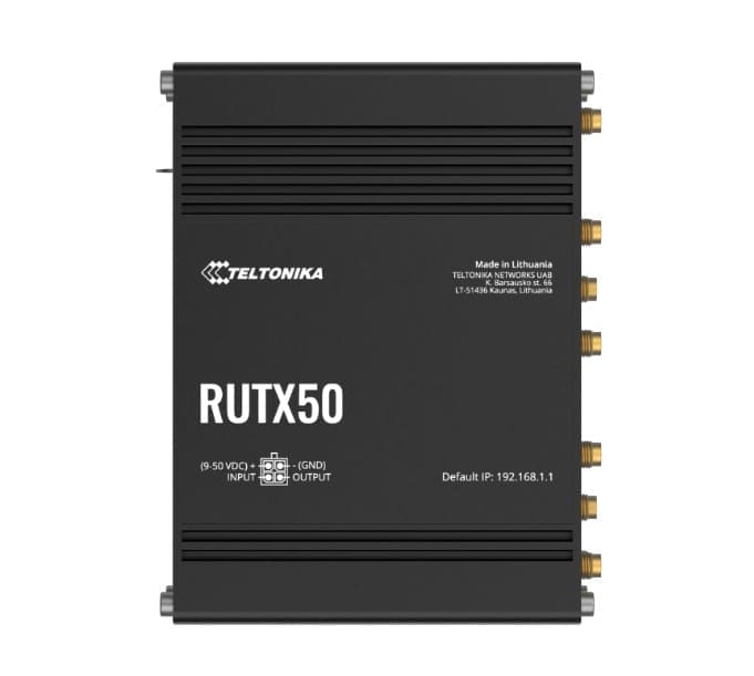 Teltonika RUTX50 Industrial 5G Router, 5G dual SIM cellular, 5x Gigabit Ethernet ports, dual-band WI-Fi, PSU included