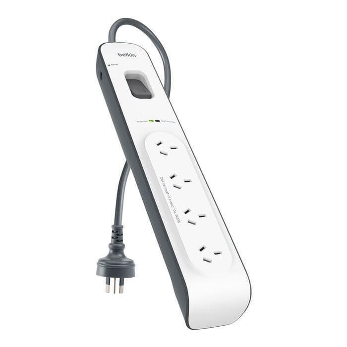 Belkin SurgeMaster 4-Outlet Surge Protection Strip with 2M Power Cord - White/Grey (BSV400au2M), 525 Joules Protection,$20,000 CEW, 2 Years Warranty