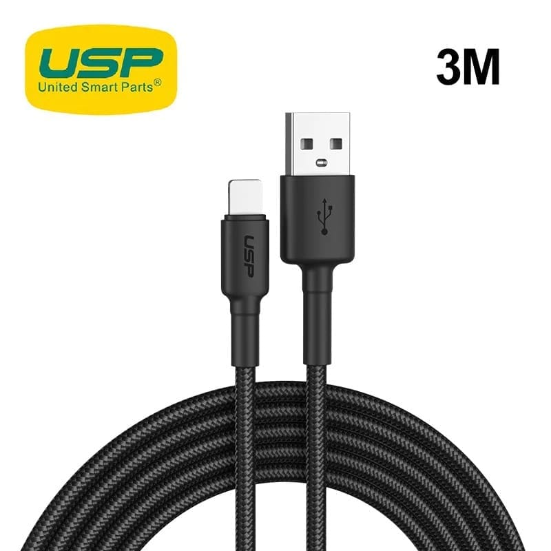 USP BoostUp Lightning to USB-A Cable (3M) Black - Quick Charge Connect, 2.4A Rapid Charge,Nylon Weaving,Apple iPhone/iPad/MacBook, 5 Years Warranty