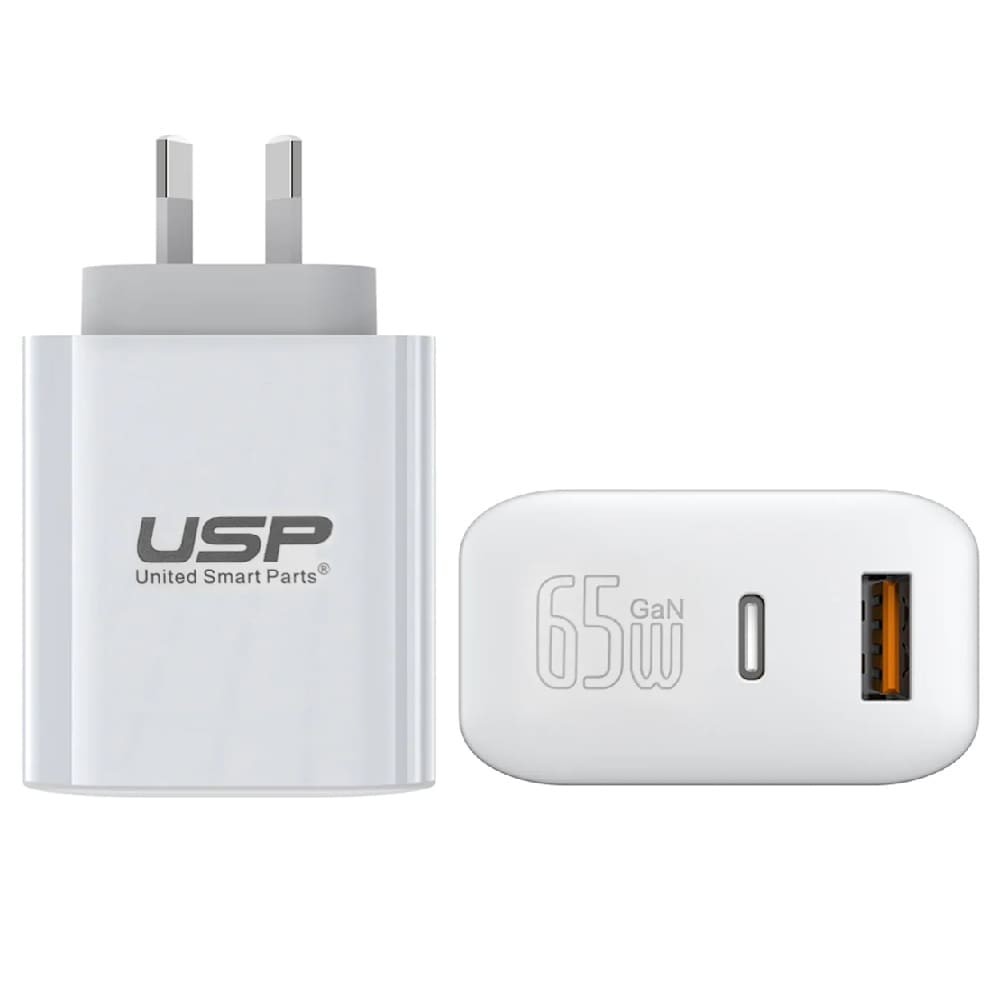 USP 65W Dual Port GaN Fast Wall Charger - White, 1xUSB-C(45W PD), 1xUSB-A(18W QC 3.0), Intelligent PPS Technology, 5 Years Warranty