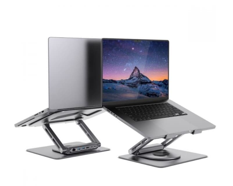 mbeatĀ® Stage S12 Rotating Laptop Stand with USB-C Docking Station Flexible Ergonomic Design USB-C HDMI RJ45 1000Mbps
