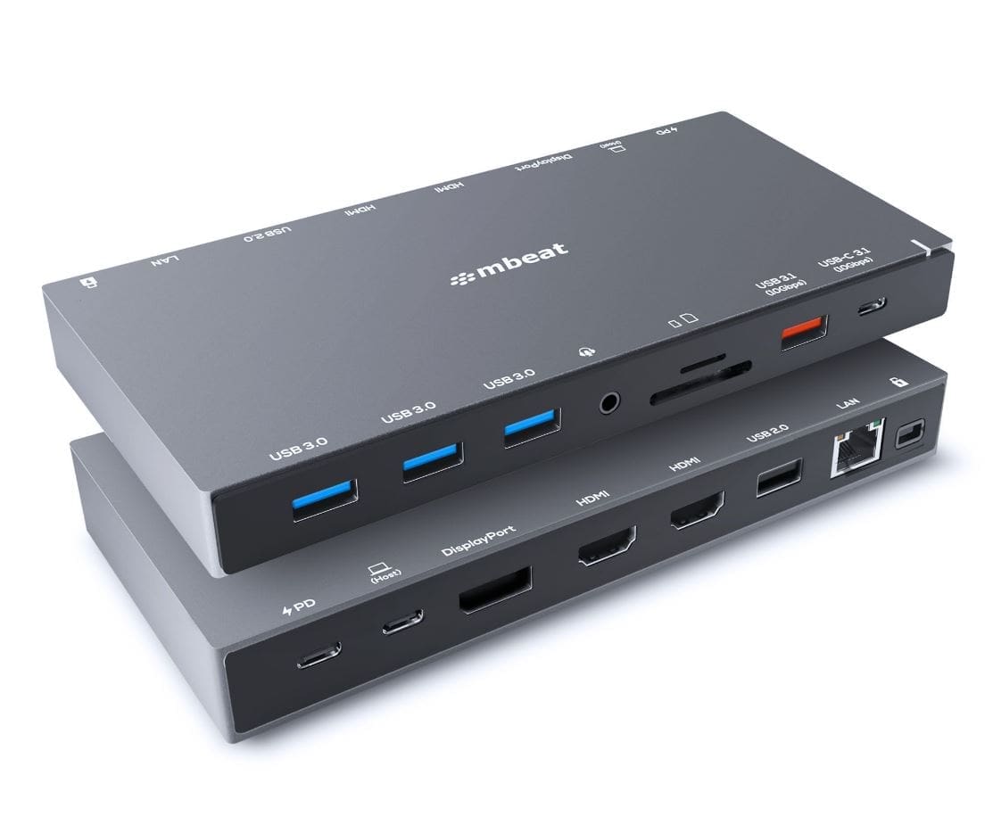 mbeatĀ® 15-in-1 Triple Display USB-C Docking Station 2x HDMI 1x DP 1x 100W PD 3.0 1x USB-C 3.1 Gen2 3x USB 3.0 1x USB 3.1 Gen2 MicroSD/SD Card 1x 1Gb