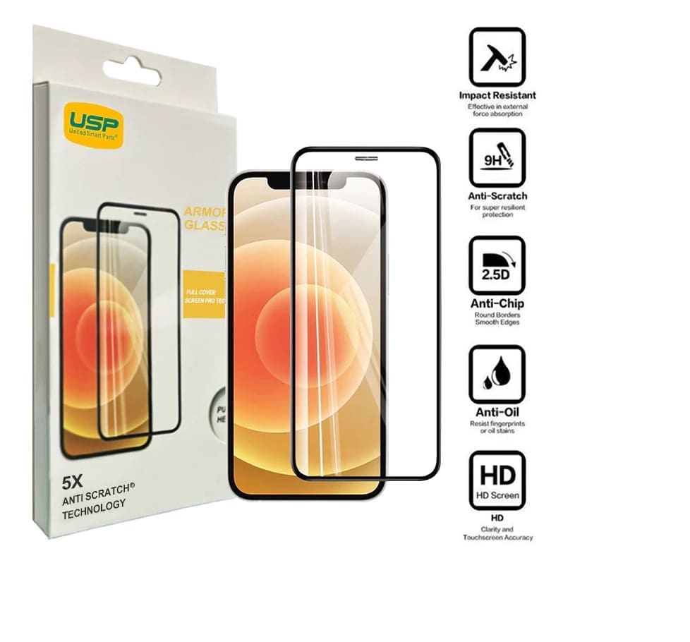 USP Apple iPhone 12 Pro / iPhone 12 (6.1") Armor Glass Full Cover Screen Protector - Impact-Resistant, Smooth Edges, 5 Years Warranty
