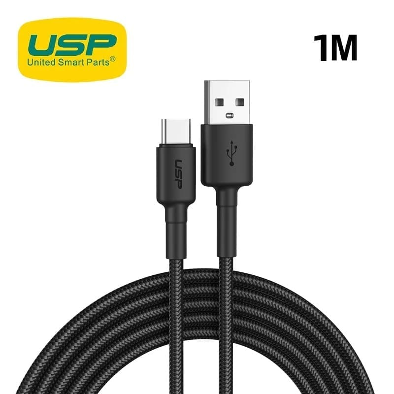 USP BoostUp Braided USB-C to USB-A Cable (1M) Black -3A, Fast Charge, Samsung Galaxy,Apple iPhone,iPad,MacBook,Google,OPPO,Nokia,5 Years Warranty