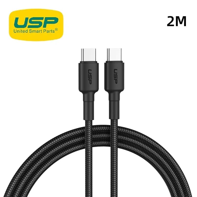USP BoostUp Braided USB-C to USB-C Cable (2M) Black -3A/60W, Fast Safe Charge,Samsung Galaxy,Apple iPhone,iPad,MacBook,Google,OPPO, 5 Years Warranty