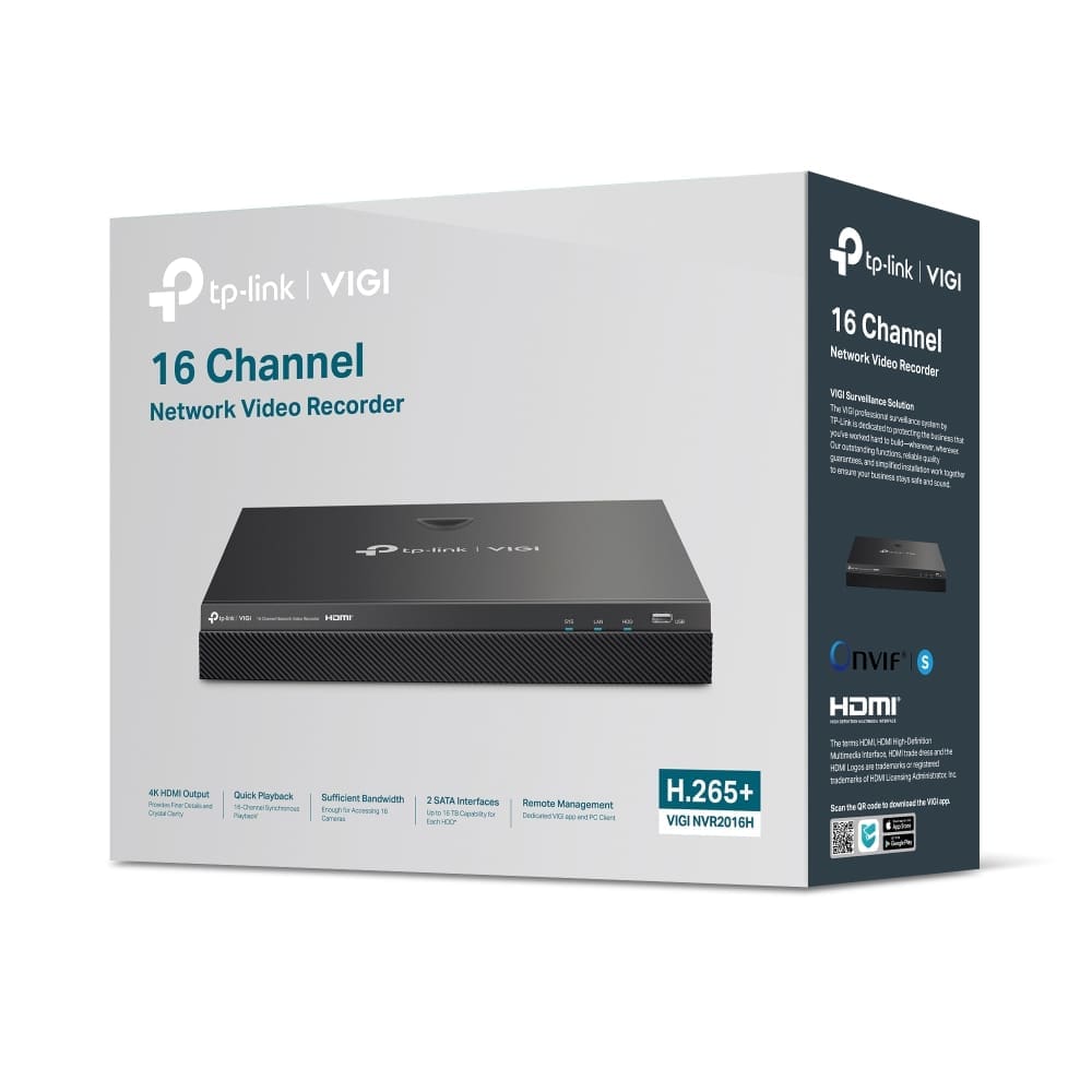 TP-Link VIGI NVR2016H 16 Channel Network Video Recorder, 4K Out, 16MP Decode, H.265+, ONVIF, 2-Way Audio, Remote Monitoring (HDD Not Included)