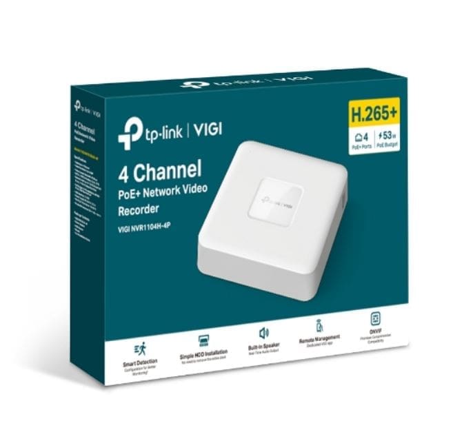 TP-Link VIGI NVR1104H-4P 4 Channel PoE+ Network Video Recorder, 24/7 Continuous Recording, 4K HDMI Video Output 16MP Decoding (HDD Not Included)