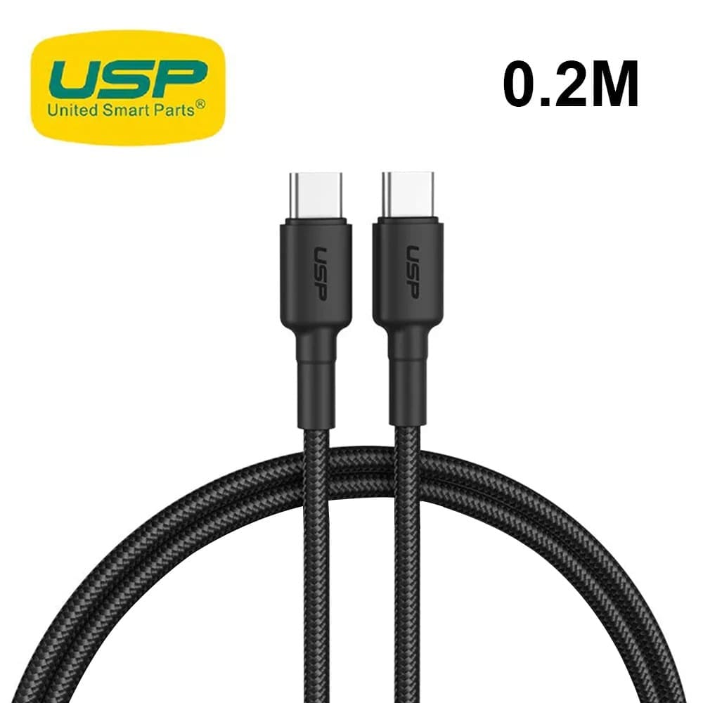 USP BoostUp Braided USB-C to USB-C Cable (0.2M) Black-3A/60W, Fast Safe Charge,Samsung Galaxy,Apple iPhone,iPad,MacBook,Google,OPPO,5 Years Warranty
