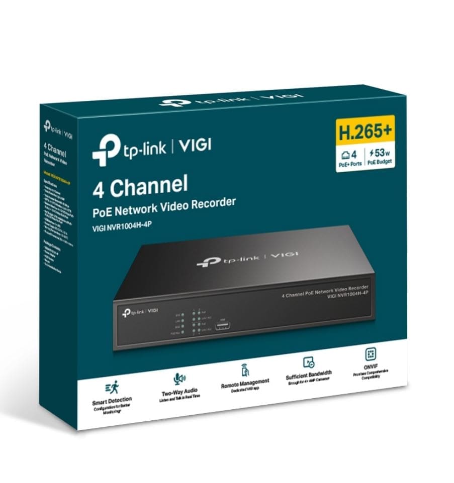 TP-Link VIGI NVR1004H-4P 4 Channel PoE+ Network Video Recorder, 24/7 Continuous Recording, 4K HDMI Video Output 16MP Decoding (HDD Not Included)