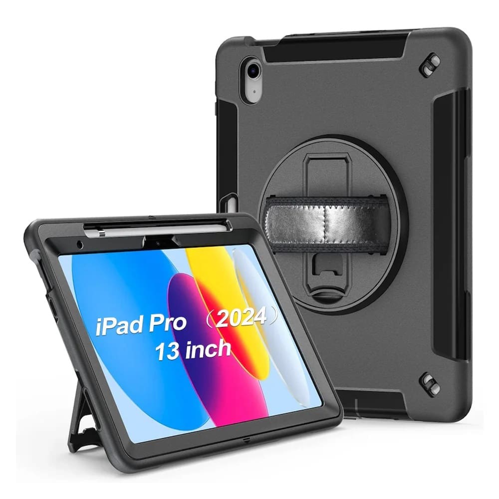 USP Rugged Apple iPad Pro (13') (M5/M4) (8th/7th Gen) Case Black - Built-in-Kickstand, Hand Shoulder Strap, DropProof, 5 Years Warranty