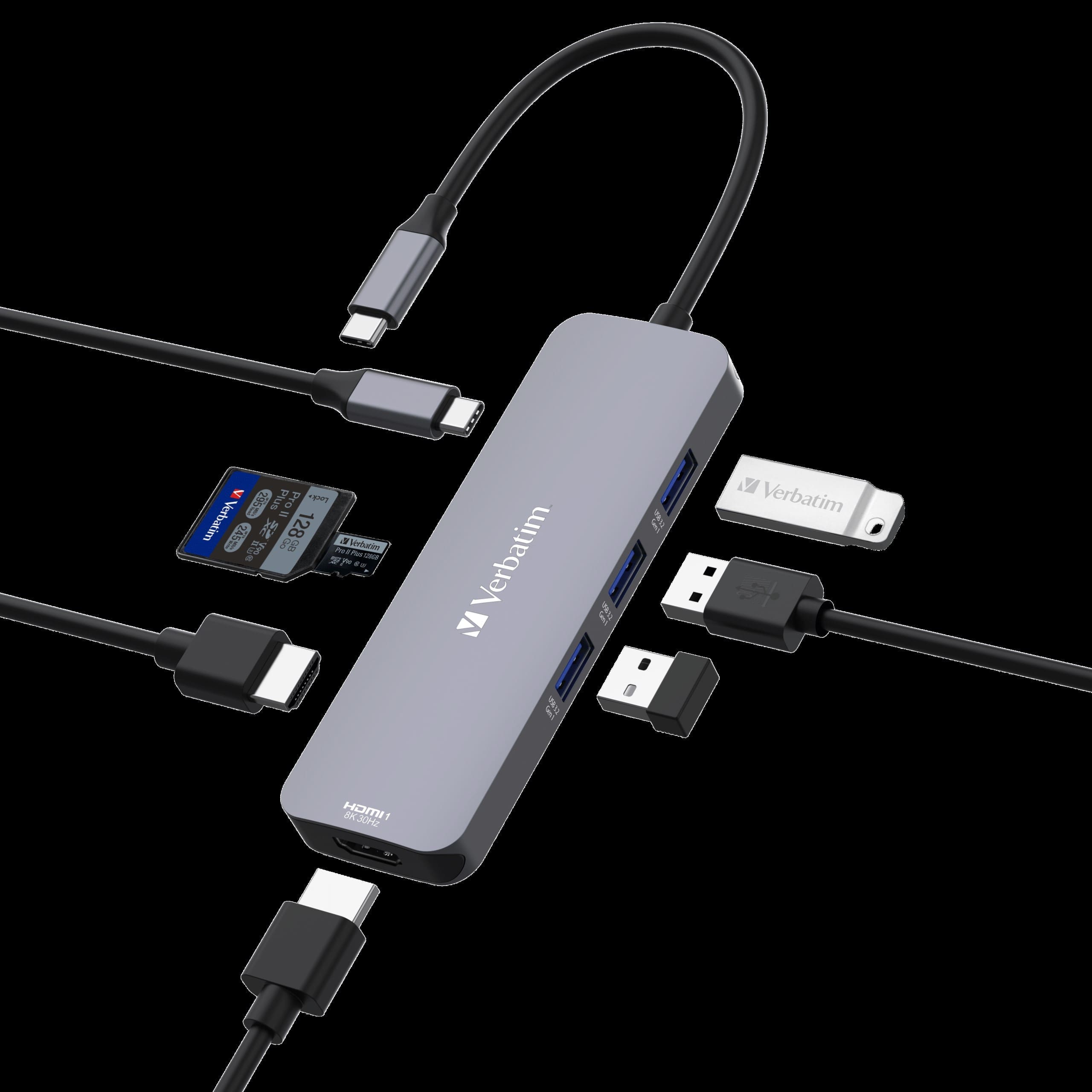 Verbatim USB-C Pro Multiport Hub 8 Ports, 2x HDMI 8K30+4K30 dual display, 3x USB-A 3.2 Gen1, SD + microSD, USB-C PD 100W in/85W to host