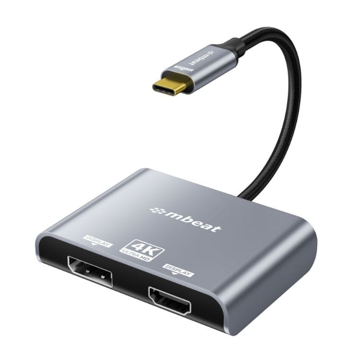 (LS) mbeatĀ® Tough Link USB-C to DPHDMI Dual 4K/60Hz MST Adapter 4K (3840x2160) @ 60Hz, 4K (3840x2160) @ 30Hz, 2K (2560x1440) @ 60Hz - Space Grey
