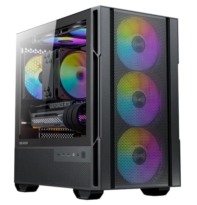 OKINOS Cypress 3 ARGB Micro ATX Case, 4 × 120mm ARGB Non-PWM Case Fans Pre-Installed, MATX PC Case, Temper Glass Side Panel, with Type-C, Black