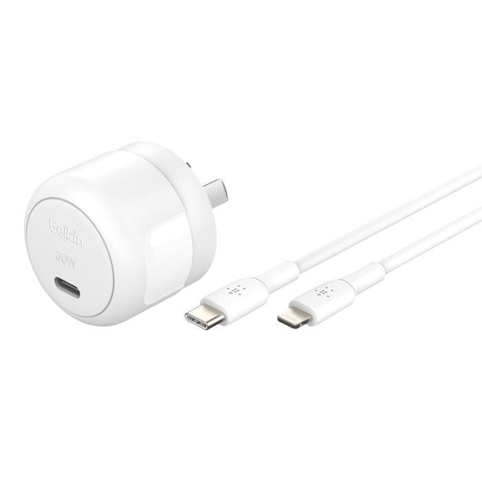 Belkin BoostCharge Compact 30W USB-C (PD 3.1) Wall Charger + USB-C to Lightning Cable - White (WCA008au1MWH-B5), Apple, 2 Years Warranty