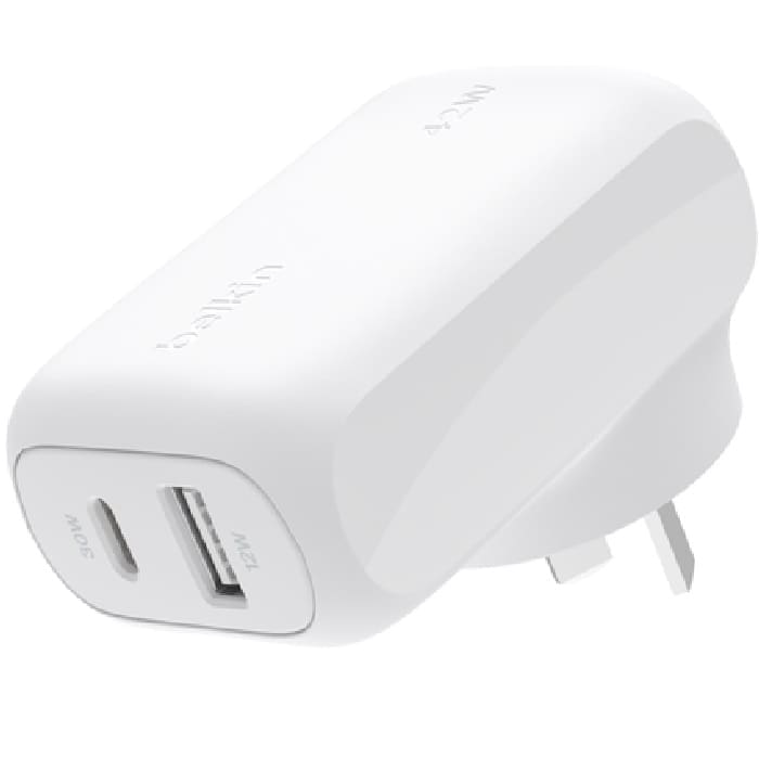 Belkin BoostCharge Dual Wall Charger 42W - White (WCB009auWH), 1xUSB-C (30W), 1xUSB-A (12W), Best for Samsung iPhone, $2500 CEW, 2 Years Warranty