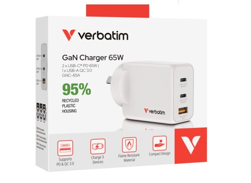 Verbatim 3 Port 65 Watt Portable GaN charger, 2 x USB-C PD 65w, 1x USB-A QC 3.0, GNC-65A Compact Design Apple, Android, Samsung, Google