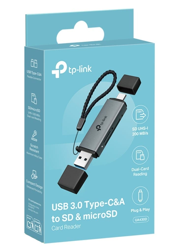 TP-Link UA430D USB 3.0 Type-CA to SD microSD 3.0 Card Reader, support SD,SDHC、SDXC,microSD、microSDHC、microSDXC cards up to 2TB.