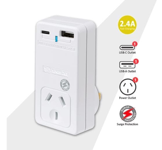 Sansai USB C + A 2xUSB charging Outlets Power Adaptor 240V 10A Power status indicator Wall Charger