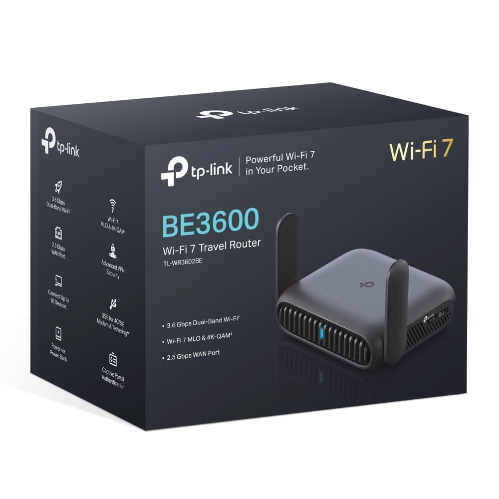 TP-Link TL-WR3602BE BE3600 Dual-Band Wi-Fi 7 Portable Travel Router 688 Mbps at 2.4 GHz at + 2882 Mbps at 5GHz, 2.5G Multi-Gig Connectivity
