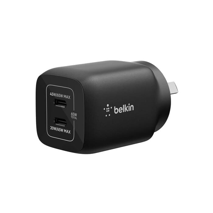 Belkin Dual USB-C 65W (45W + 20W) Wall Charger - Black (ENA007auBK), Compact, Travel-Friendly, Ideal for Nintendo Switch 2,$2500 CEW, 2 Years Warranty