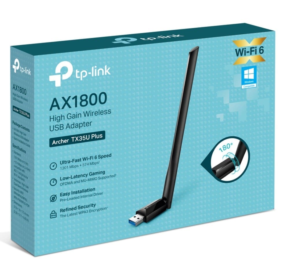 TP-Link Archer TX35U Plus AX1800 High Gain Wireless USB Adapter, 1201 Mbps at 5 GHz + 574 Mbps at 2.4 GHz, 1× High Gain External Antenna, USB 3.0 FEA