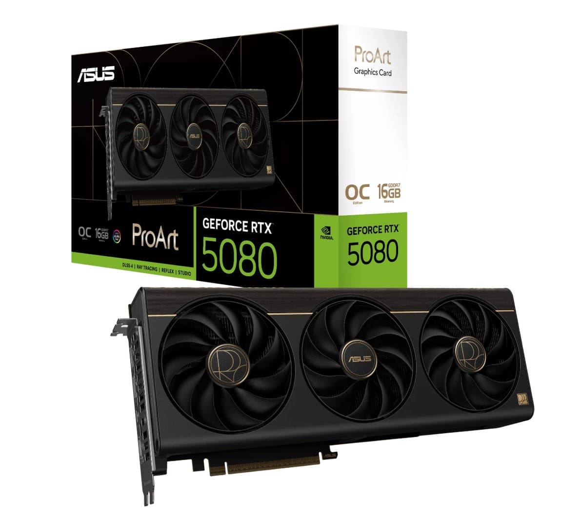 ASUS nVidia GeForce PROART-RTX5080 16GB GDDR7 OC Edition, 0752 CUDA, PCIe 5.0, 30Gbps, 256-bit, 2730MHz OC, 2.5-Slot, SFF Ready, 8K, USB-C, 850W PSU