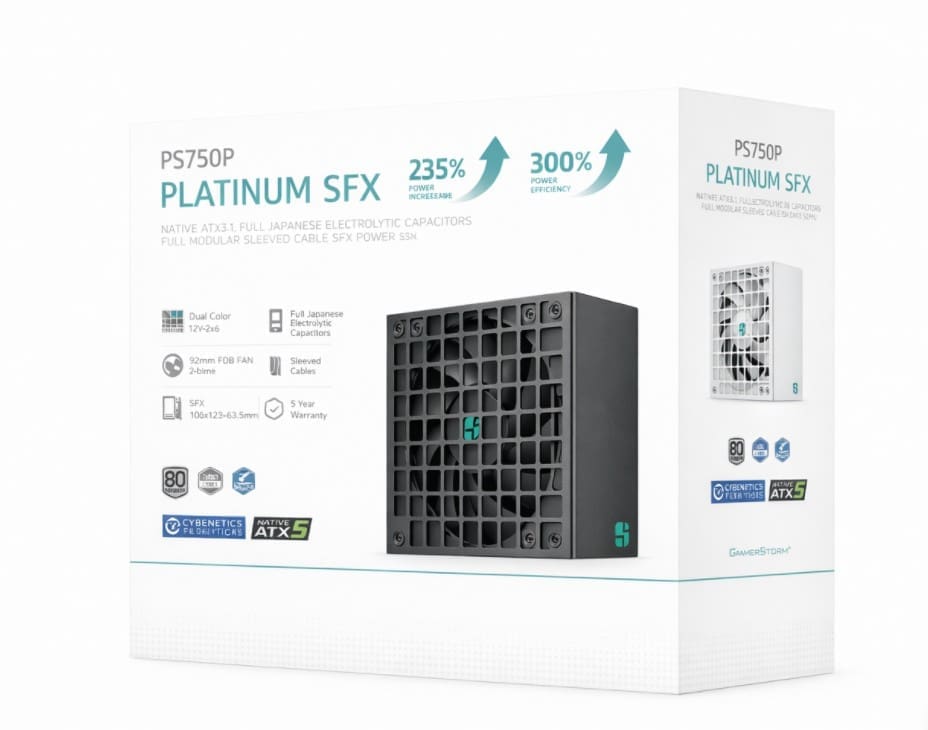 DeepCool PS750P 750W Gamer Storm SFX12V V4.1 ATX12V V3.1M Full Japanese Electroyltic Capacitors, Cybenetics Platinum/PPLP 115V Platinum
