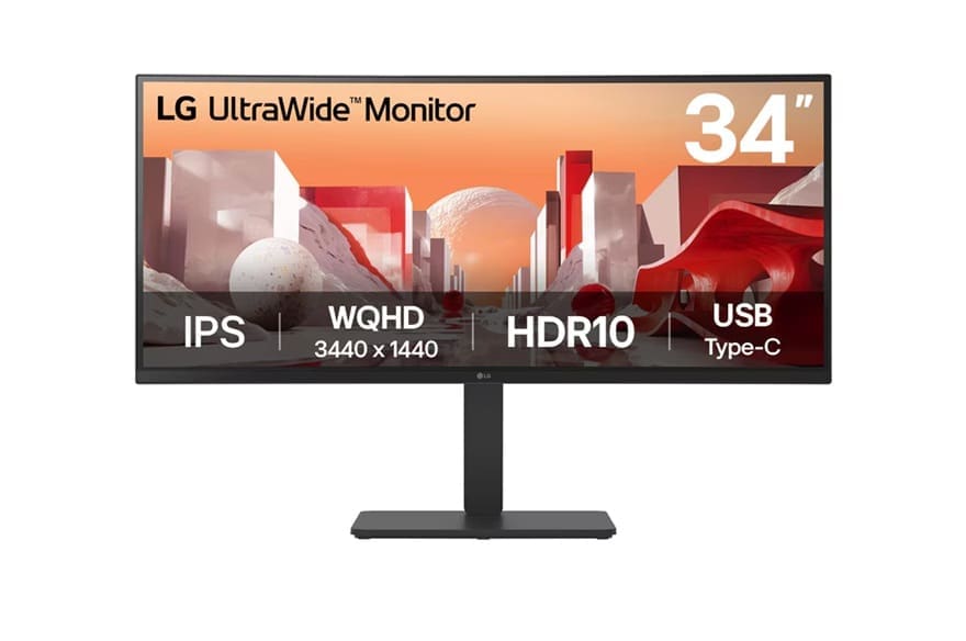 LG 34" UltraWide QHD Curved IPS 60Hz Monitor, 3440x1440, sRGB 99%, HDR10, Built-in powerSpeakers, USB-C 90W PD, RJ45, Adj. Stand Tilt/Height/Swivel