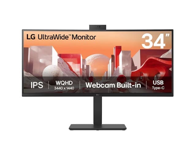 LG 34" UltraWide QHD Curved IPS 60Hz Monitor, 3440x1440, sRGB 99%, HDR10, Full HD Webcam/Mic/Speakers, USB-C 90W PD, RJ45, Adj Tilt/Height/Swivel