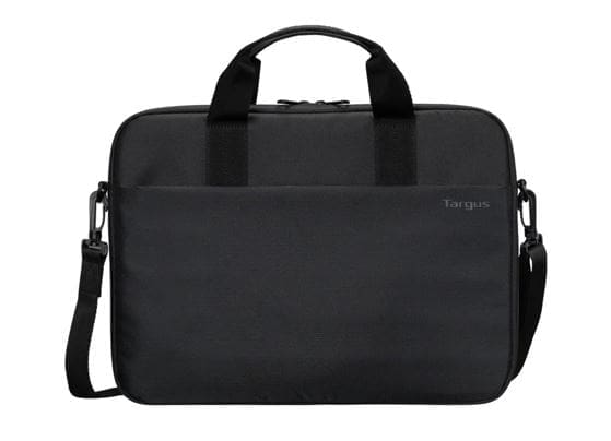 Targus 13-14" Intellect® Slim Briefcase Zippered padded front pocket Removable adjustable shoulder strap carry handles water-resistant fabric Black