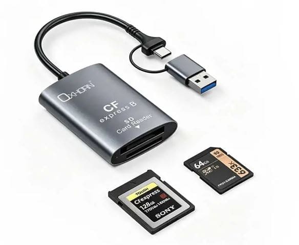 Oxhorn USB 3.2 Gen 2 10Gbps CF Express B and SD Card-reader Aluminum USB-C 3.2 USB-A 3.2 lightweight Plug-and-play Silver