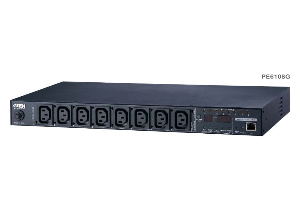 Aten 15A/10A 8-Outlet 1U Metered Switched eco PDU, emote power outlet control (On, Off, Power Cycle) by individual outlets, Green Package
