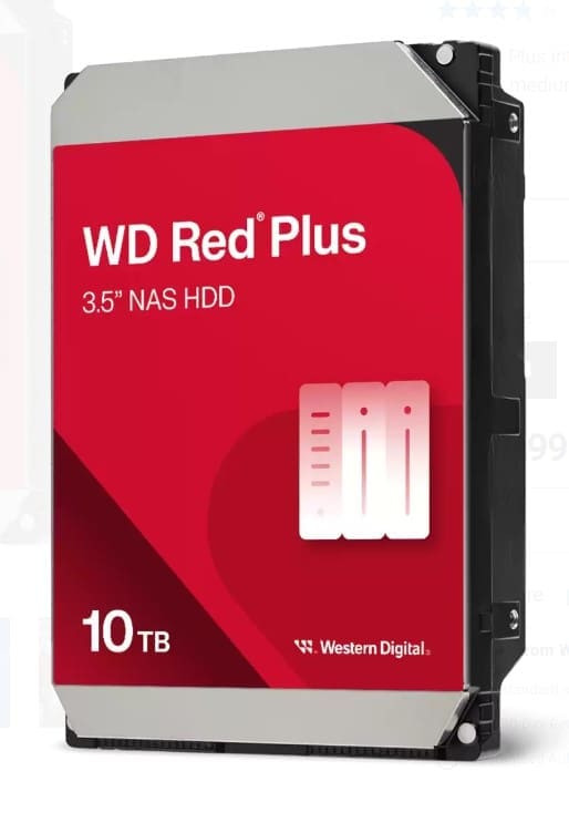 Western Digital WD Red Plus 10TB 3.5" NAS HDD SATA3 7200RPM 256MB Cache 24x7 180TBW ~8-bays NASware 3.0 CMR Tech 3yrs wty (replacement of WD101EFBX)