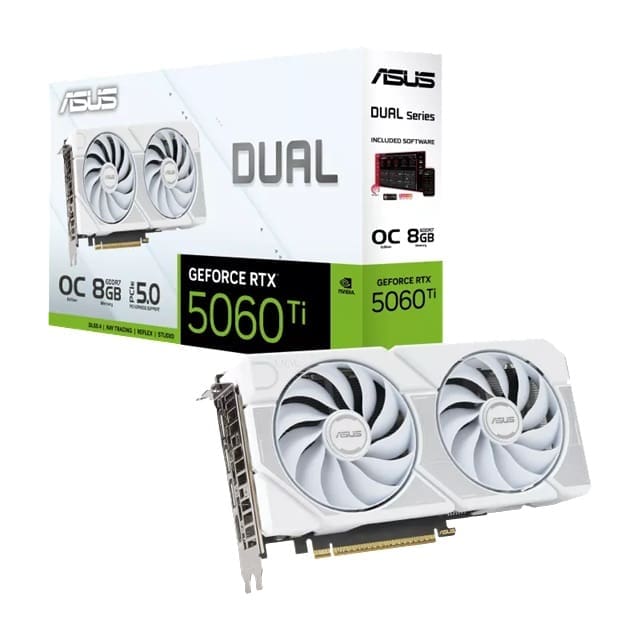 ASUS Dual GeForce RTX™ 5060 Ti 8GB - White, OC Edition, NVIDIA®, GDDR7, 4608 CUDA Cores, 28Gbps, PCIe 5.0, HDMI 2.1b, DP 2.1b