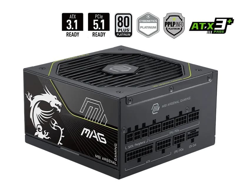MSI MAG A1000PLS PCIE5, 1000W, 80 PLUS Platinum, Fully Modular, ATX, Native 12V-2x6 PCIe 5.1, 135mm FDB Fan, RTX 50 Series Ready