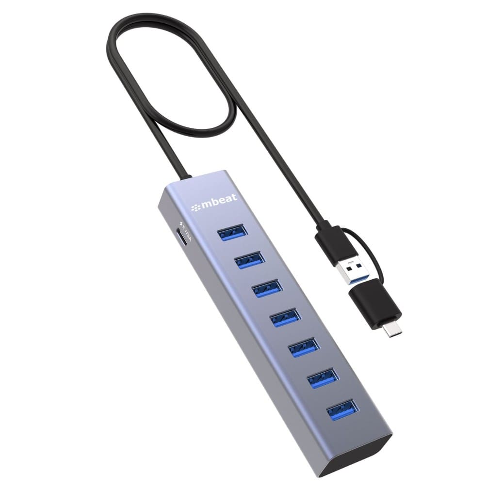 mbeatĀ® 7-Port USB Hub with Dual USB-A USB-C Connector 7 High-Speed USB 3.2 Gen 1 Ports