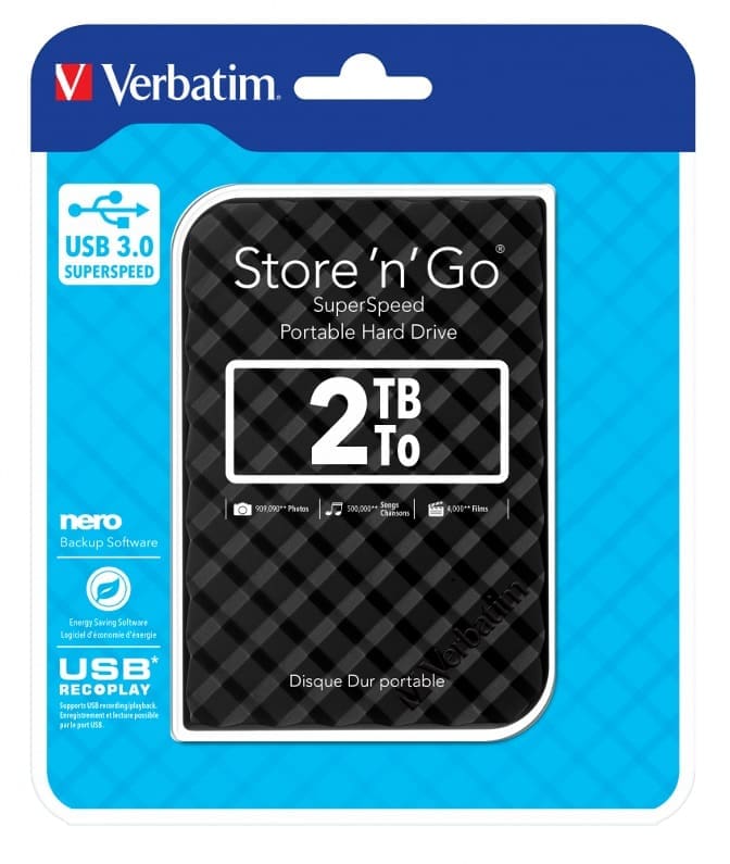 Verbatim 2TB 2.5" USB 3.0 Black Store'n'Go HDD Grid Design, Ultra Portable, High Speed Capacity. Backup and Store + Nero Backup Software