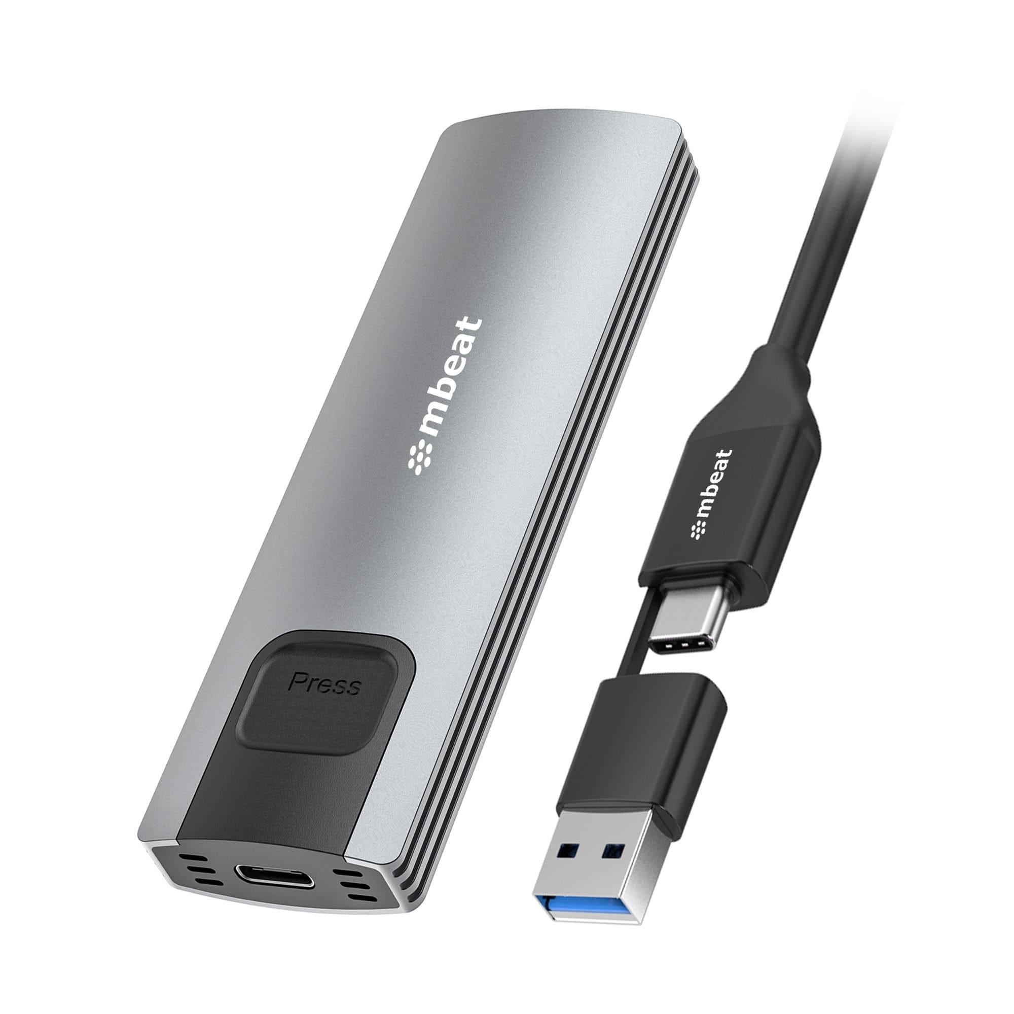 mbeatĀ® 10Gbps M.2 NVMe SATA SSD Enclosure Easily install Versatile Storage Options up to 4TB USB Connectivity with 2-in-1 Cable Package Weight: 102g